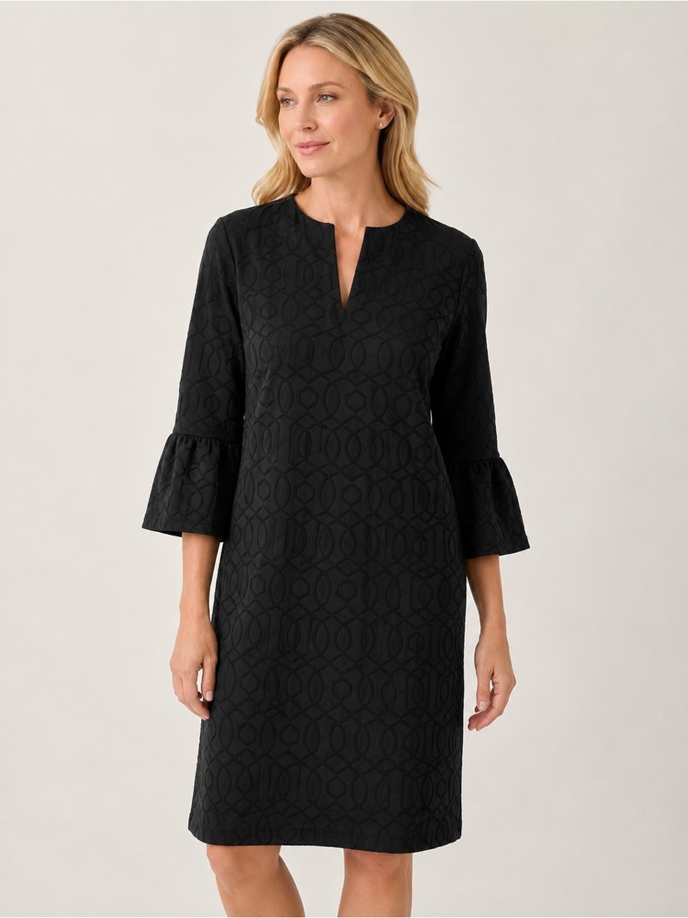 Jude Connally Black Textured Jacquard Shift Dress Bell Sleeve XL USA